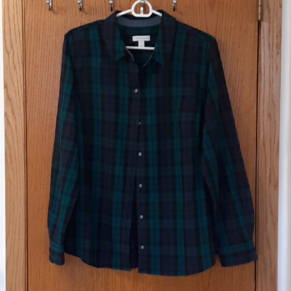 Charter club cotton green navy plaid top shirt